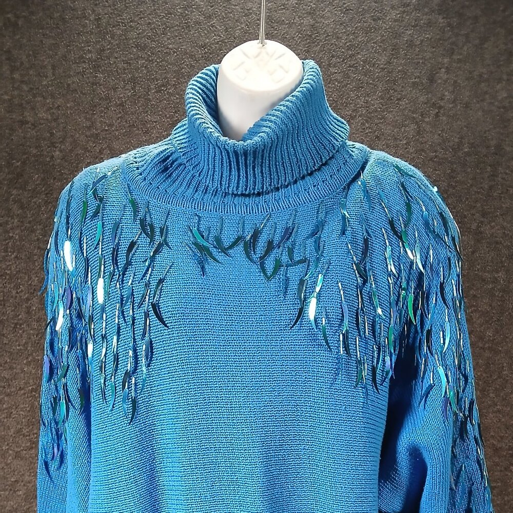 Vintage Turquoise Turtleneck Sweater with Iridescent Sequin Fringe Sleeves